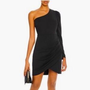 AQUA Black Long Sleeve Asymmetrical Neckline Mini Party Tulip Dress